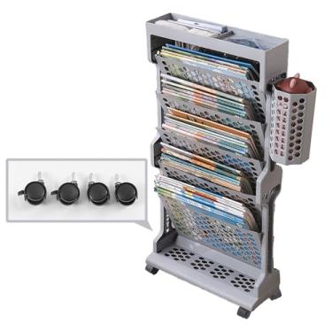 Imagem de FTOQWZXV Organizador de carrinho de rodinhas estante móvel com rodas estante móvel para sala de aula, cesta de armazenamento lateral de mesa removível, 5 camadas, suporte de chão para revistas, cinza