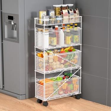 Imagem de AKALNNB Carrinho de rodinhas fino de 4 níveis com gavetas removíveis, organizador de prateleira de armazenamento de canto com rodas, prateleira de armazenamento de metal para espaço estreito (B 40 x