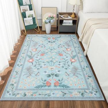 Imagem de Przemy Tapetes de área para sala de estar, tapete lavável 10 x 15 cm floral para quarto de criança, tapete rústico antiderrapante para escritório, cabeceira, entrada, cozinha, azul