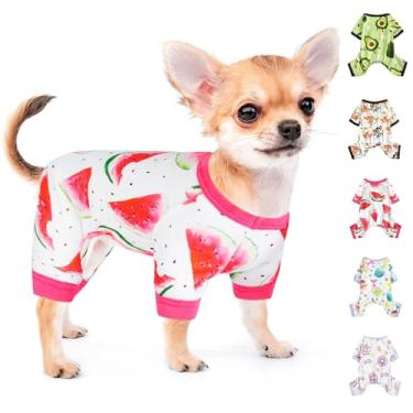 Imagem de Pijama para cães pequenos menina menino primavera yorkie roupas verão filhote de cachorro pijama macio para cachorro macacão para chihuahua xícara de chá padrão fofo roupas de gato de estimação vestuário vestuário (grande, melancia)