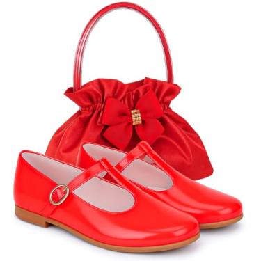 Imagem de Conjunto Infantil Sapato Mary Jane Dourado com Bolsa de Mão Decorativa, Laço Elegante (Vermelha, BR, Adulto, Numérico, 34)