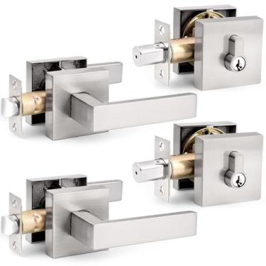 Imagem de Probrico Conjunto de fechaduras de porta externa com fecho, maçaneta de passagem da porta frontal e conjunto de fechadura de cilindro duplo, maçaneta quadrada com fechadura de fechadura de ambos os