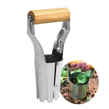 Imagem de Ferramenta de plantador de lâmpadas, marca de profundidade de 10 cm, plantador de lâmpada manual de aço inoxidável não dobrado, transplantador de bulbo de jardim com alça de madeira de aderência