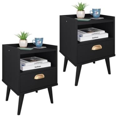 Imagem de Kit 2 Mesas De Cabeceira Estilo Retrô Com 1 Gaveta e Nicho - Loja Inova BR (Preto)