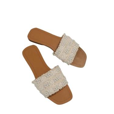 Imagem de GORGLITTER Sandálias Femininas De Verão, Rasteirinhas, Fofas, 2025, Bloco Cores, Pérolas Artificiais, Decoração, Couro, Chinelos, Branco, 6