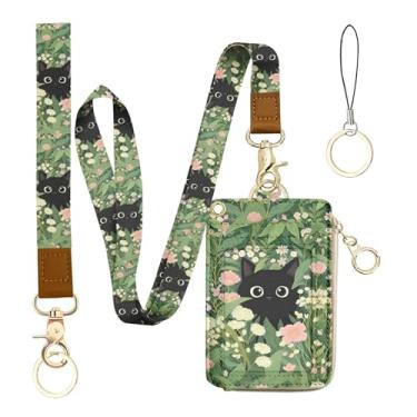 Imagem de bolimoss Carteira de cordão de gato preto com porta-crachá de identidade, linda bolsa de moedas com zíper, porta-cartões de crédito, carteira pequena feminina com alça de pulso removível e cordão de