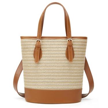 Imagem de Bolsa de mão de palha fofas bolsas de praia de verão para mulheres bolsas de vime bolsas de palha pequena bolsa balde bolsa transversal de viagem 2025, Marrom-grande, Bolsa de palha