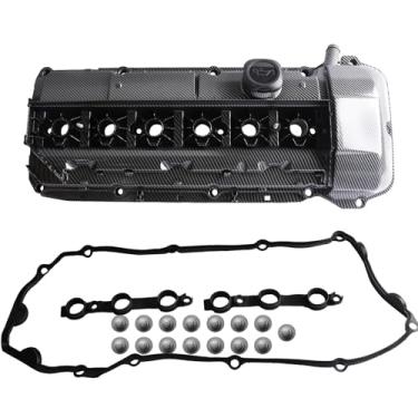 Imagem de MITZONE Tampa de válvula de motor de alumínio tipo tira de carbono vedações de vela de ignição parafusos arruelas de montagem compatíveis com 1998-08/2002 BMW Z3 323i 325i 328i 330i 525i 528i 530i X5