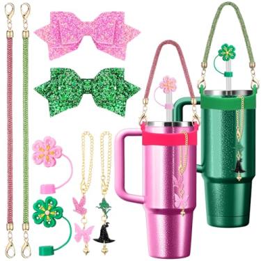 Imagem de Quelay Conjunto de acessórios de copo rosa e verde de 8 peças compatível com Stanley 30/1,134 g Glitter garrafa de água Sling chapéu de bruxa pingentes de palha borboleta com 4 tampas de palha de flor