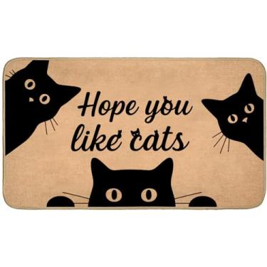 Imagem de TRYYN Tapete de porta interno engraçado para gatos, 75 x 43 cm, tapetes de linho com rostos curiosos de gatinho preto, tapete de borracha antiderrapante, tapete de decoração de gatos de estimação para