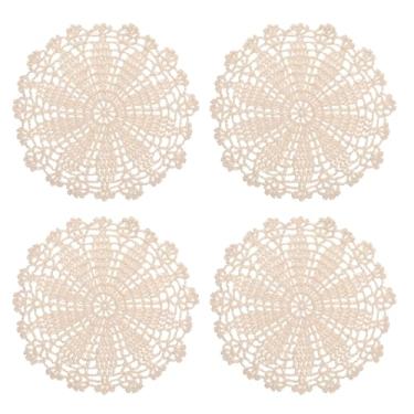 Imagem de 4 peças de guardanapos de renda de crochê à mão, doilies de 17 cm feitos à mão em crochê de algodão, toalha de renda, vintage, mesa redonda, tapetes para decoração de mesa (bege)