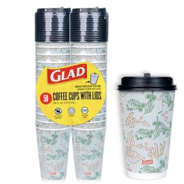 Imagem de Glad Copos de café descartáveis para uso diário com tampas em estampa floral botânica - copo de papel isolado para chocolate quente, cacau quente ou chá - sem necessidade de manga, 473 g, 50 unidades