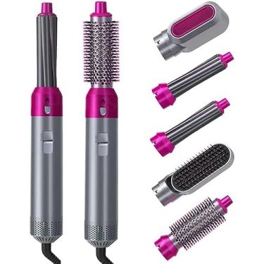 Imagem de Kit 5 em 1 Secador Modelador Escova de Cabelo Alisadora Elétrica 110V e 220V (Rosa com Prata, 220V)