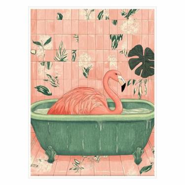 Imagem de Flamingo extravagante em arte de parede de banheira verde vintage animal engraçado impressão em tela pôsteres decoração estética para decoração encantadora rosa e verde de banheiro botânico 28 x 35 cm