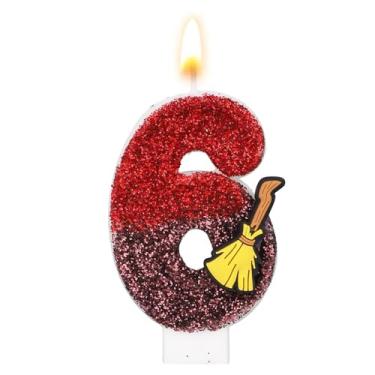 Imagem de Vela de Aniversário com Tema Bruxo Mágico, Vela com Glitter e Lantejoulas Tema Vassoura Mágica Topo de Bolo Inspirado em Bruxo para Decoração Festa Aniversário Infantil (Número 6)