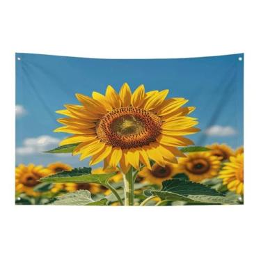 Imagem de Bandeira com quatro furos bandeiras para todos os climas girassol flores desabrochando plantas bandeira decorativa bandeiras de poliéster adequadas para uso interno e externo 89 x 159 centímetros