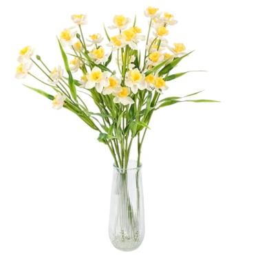 Imagem de 6 peças de narcisos artificiais flores narciso flores falsas caule látex branco arranjo de flores para decoração de casa interior e exterior centro de mesa DIY buquê de casamento