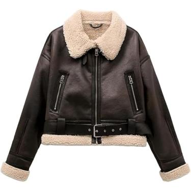 Imagem de Grosso Quente Lambswool Jaqueta De Couro Vintage Manga Comprida Zippers Cinto Hem Coat, brown, XL