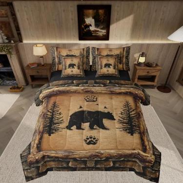 Imagem de Feelyou Jogo de cama infantil casal, urso rústico, casa de fazenda, animal da floresta, urso, preto, com lençol de cima, para meninos e meninas, caçando, campo, marrom, em uma bolsa