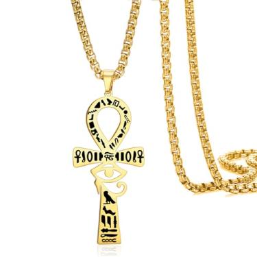 Imagem de VASSAGO Colar com cruz de olho de Hórus Ankh para homens e mulheres de aço inoxidável antigo egípcio chave da vida colar pingente amuleto de proteção joia egípcia presente, Adjustable, Aço inoxidável