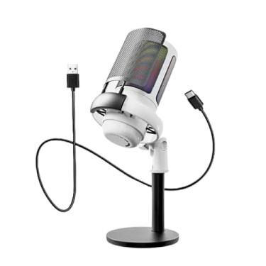 Imagem de Microfone Condensador USB RGB para Streaming, Podcast e Gaming, Padrão Cardioide, Base Ajustável (Branco)