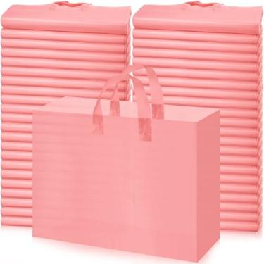 Imagem de Patelai Pacote com 200 sacos de presente de plástico fosco 40 x 15 x 30 cm, sacos de compras transparentes a granel com alças e fundo de papelão, boutique para pequenas empresas (rosa coral)