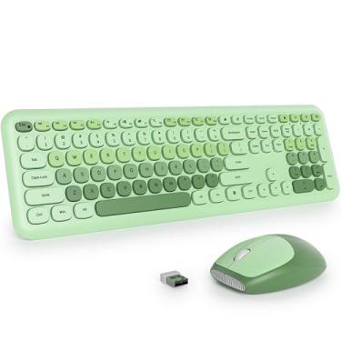 Imagem de Fogruaden Teclado e mouse sem fio verde silencioso, 2,4 GHz, estilo máquina de escrever fofo, conjunto de teclado e mouse colorido, design fino, digitação de baixo ruído para casa, escritório, Windows