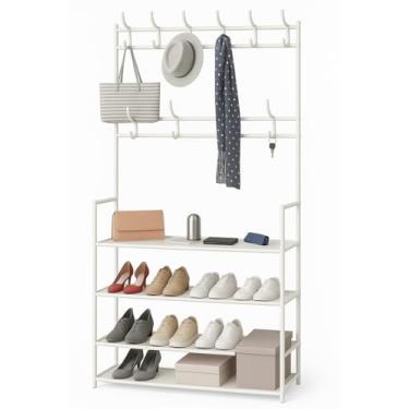 Imagem de Sapateira Organizador com Cabideiro de Chão e 4 Prateleiras Arara Multiuso Vertical para Roupas, Bolsas e Sapatos (Branco)