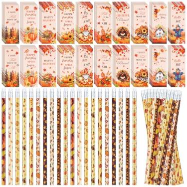 Imagem de TecUnite 240 peças de lápis de ação de graças de outono conjunto de 120 marcadores de página de festa de outono abóbora lápis termocrômico mudança de cor lembrança de festa de outono para crianças
