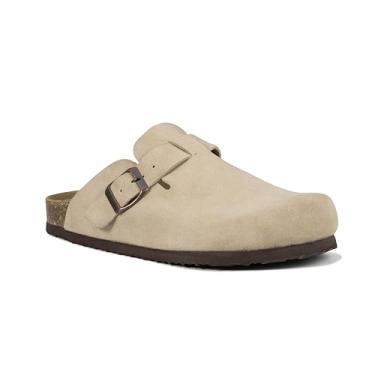 Imagem de EMMA NEW YORK Tamancos femininos de camurça sem cadarço com fivela deslizante de couro, sandálias de cortiça com suporte de arco, Bege, 36