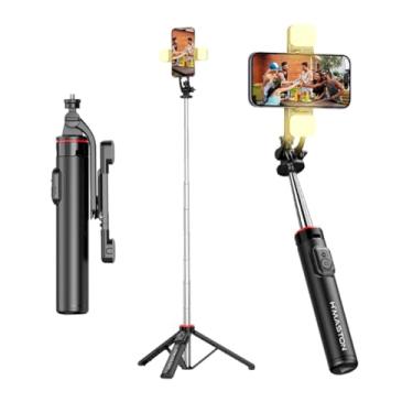 Imagem de Bastão Tripé Para Celular 360º Dobrável Pau De Selfie Bluetooth Com 2 Led Mini Controle Remoto 3 em 1 Câmera Selfie Stick (PRETO) H'MASTON Linha Super Premium