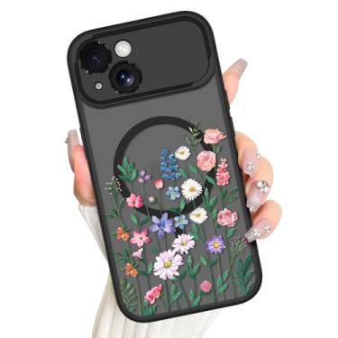 Imagem de AIGOMARA Capa magnética para iPhone 15, compatível com Magsafe, lindo design floral de flores coloridas para mulheres e meninas, capa de telefone fina translúcida fosca fosca grande proteção para