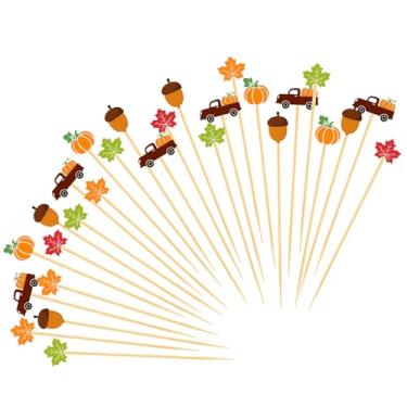 Imagem de Palitos para coquetéis de outono, 100 peças, palitos de bambu, abóboras, folhas de bordo, palitos, dia de ação de graças, decoração de festa para espetos de frutas, sanduíche, aperitivo, bebida