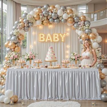 Imagem de Wish Care Saia de mesa de cetim prata de 2,7 m para mesas retangulares, sem rugas, purpurina, toalha de mesa plissada, para casamento, aniversário, chá de bebê, festa, banquete, bolo, professor