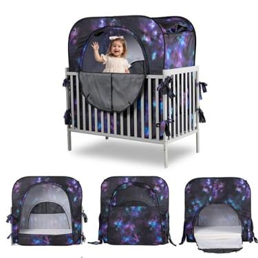 Imagem de Barraca de cama com privacidade para bebês, capa de barraca de berço para crianças, bloqueia 90% de luz com monitor e design de bolsa de ventilador com portas com zíper, janelas de malha respirável