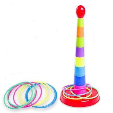 Imagem de Jogo de jogo de anel conjunto colorido de tamanho grande de tamanho interno de brinquedo esportivo para crianças PVC Material seguro 8 anéis 9 postagens de empilhamento