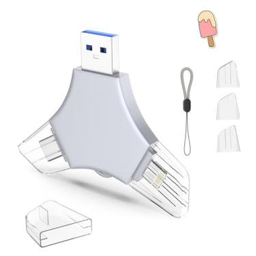 Imagem de Pen Drive USB 3.0 de 64 GB para iPhone, 3 em 1 com memória externa, suporte de fotos, vídeos, armazenamento de dados/backup, pen drives de alta velocidade V11.42 para iPhone/iPad/Android/PC