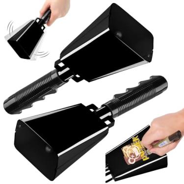 Imagem de Pacote com 2 sinos de vaca de aço de 25,4 cm com alças, sininho de sino de sino de aço grande com alças para eventos esportivos, jogos de futebol, shows, formatura escolar, festa (preto)