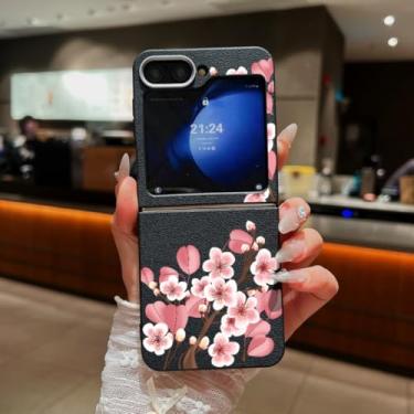 Imagem de Capa para Samsung Galaxy Z Flip6 com estampa floral e textura de couro, dobrável, em TPU macio (preto para Samsung Galaxy Z Flip6/A743)