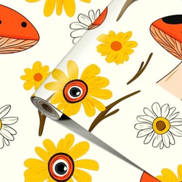 Imagem de HOMETITUTE Papel de parede retrô Boho Cogumelo Descasque e cole papel de parede removível 39,9 cm x 100,1 cm Vinil Floral Margarida autoadesivo de parede para quarto sala de estar armário prateleira