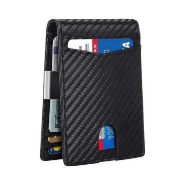 Imagem de Carteira Masculina Fina de Couro com Fibra de Carbono e Bloqueio RFID,