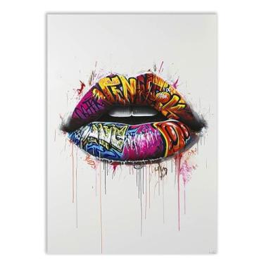 Imagem de Placa Decorativa Grafite Lábios Arte De Rua Banksy Decoração Poster Quarto Sala