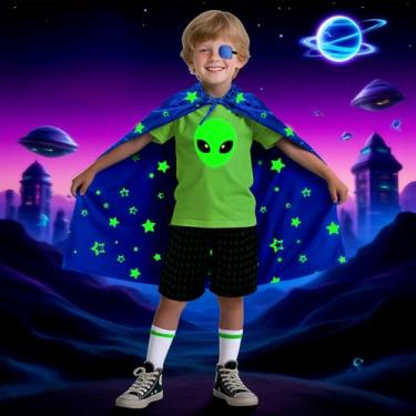 Imagem de digi Halloween Kids Alien Costume Set with Cape, Green T-Shirt and Plaid Shorts, Space Theme