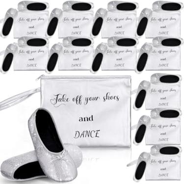 Imagem de Skicuff 12 pares de sapatilhas dobráveis de lantejoulas para casamento, dama de honra, glitter, sapatilhas de balé com bolsa, chá de panela, para mulheres, convidadas, damas de honra, Prata, One Size