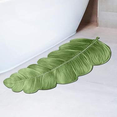 Imagem de voofly Tapete de banho antiderrapante de secagem rápida verde absorvente tapete de chuveiro para banheiro tapete de borracha lavável com folha e design fino 48 cm x 104 cm