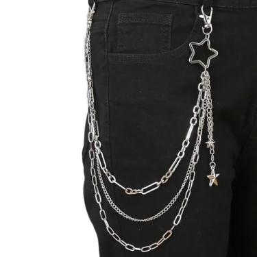 Imagem de FOUTOUKEEP Chaveiro de calça de três camadas estilo punk com pingente de estrela pequena sólida de estrela vazada, corrente de cintura versátil na moda, decoração hip-hop, acessório para terno e bolsa