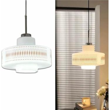 Imagem de WLHAZMWY Luminária pendente moderna de meados do século lâmpada suspensa de vidro fosco branco impresso geométrico
