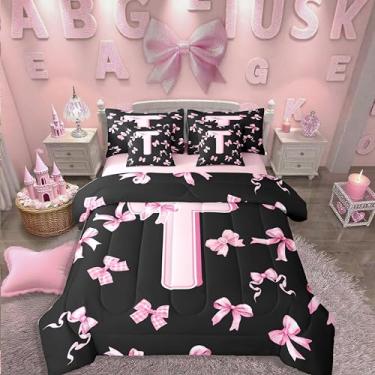 Imagem de Conjunto de cama casal casal com laço com inicial de 7 peças para meninas adolescentes com laço rosa fofo em uma bolsa com letra T, moderno, moderno, moderno, conjunto de edredom com lençóis, feminino