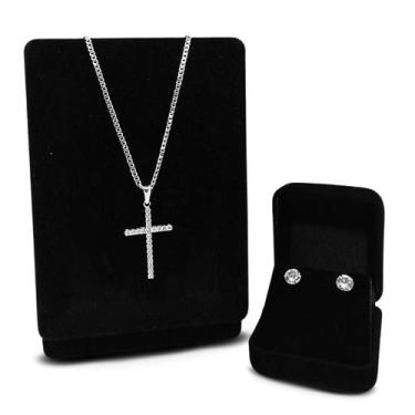 Imagem de Corrente Grumet Pingente Cruz + Brinco Cravejado Prata 925 Ponto De Lu