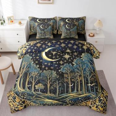 Imagem de Erosebridal Conjunto de edredom vintage com estrelas da lua, 7 peças, boêmio, arte moderna, botânica, floresta, abstrato, misterioso, estético, azul, dourado